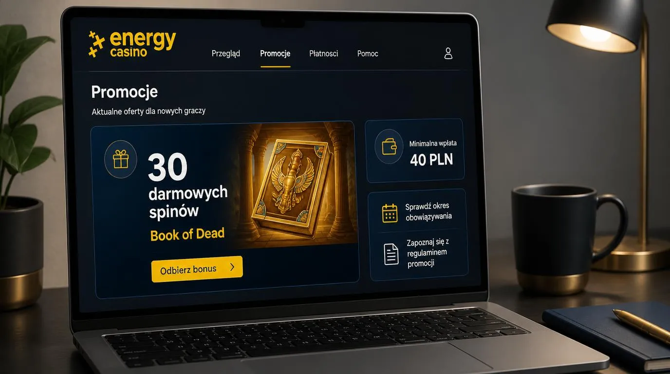 Ekran promocji kasyna z 30 darmowymi spinami w Book of Dead i informacją o minimalnej wpłacie 40 PLN