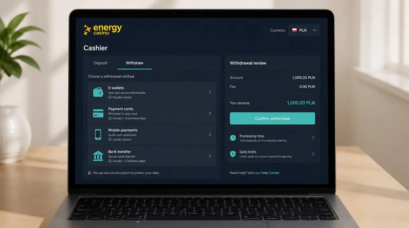 Ekran kasy z portfelami elektronicznymi, kartami i wyborem waluty PLN przy wypłacie